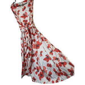 New Anne Klein Red Floral Midi Dress Attached Belt & Pockets 1X $149 RC10147